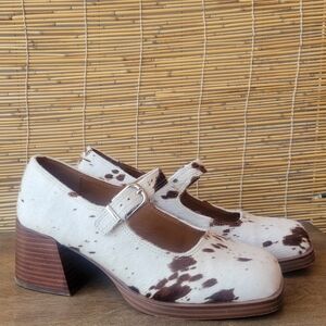 Women's White and Brown Spotted Mary Jane Heels
